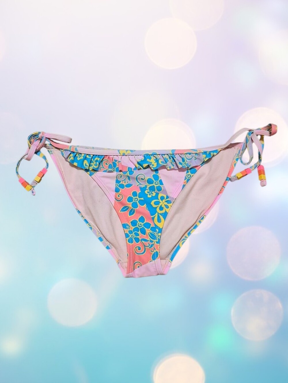 No Boundaries Ruffle Side Tie Bikini Bottoms Floral Patchwork Size Medium